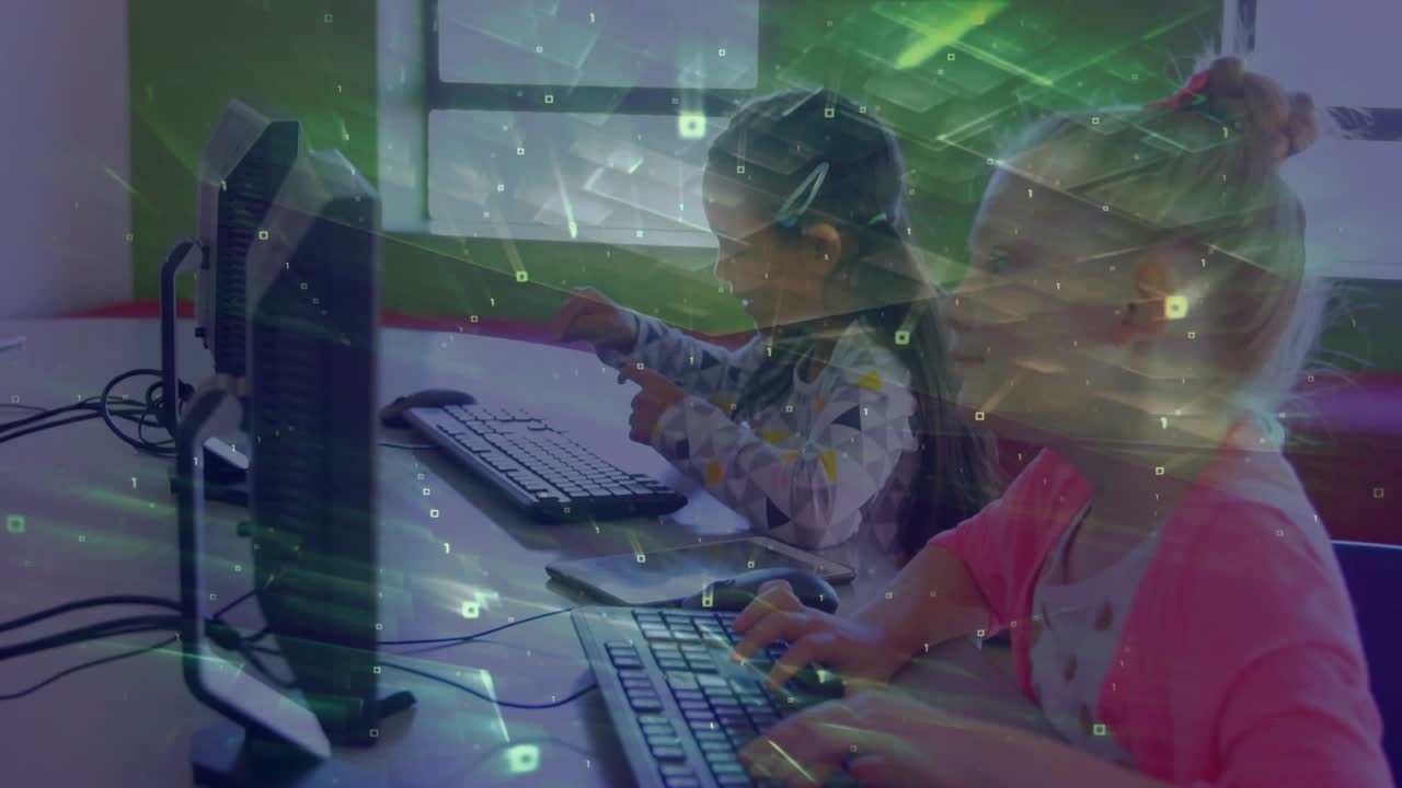 Girl pressing keys in lab activating green grid overlay for coding and peer adjusting headphones