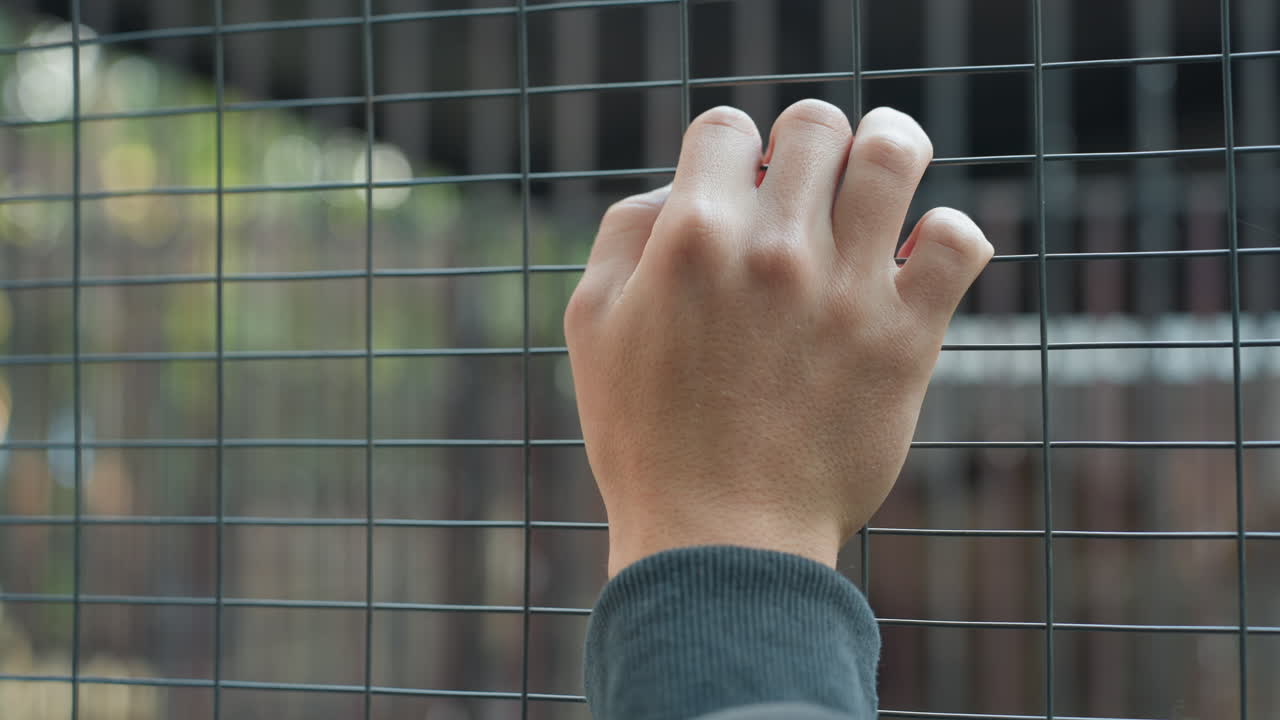 hand gripping wire fence closeup, solitary figure pressing palm against cold metal grid, knit sleeve visible, blurred backyard bokeh, slow minimal motion conveying yearning and restraint, sequence