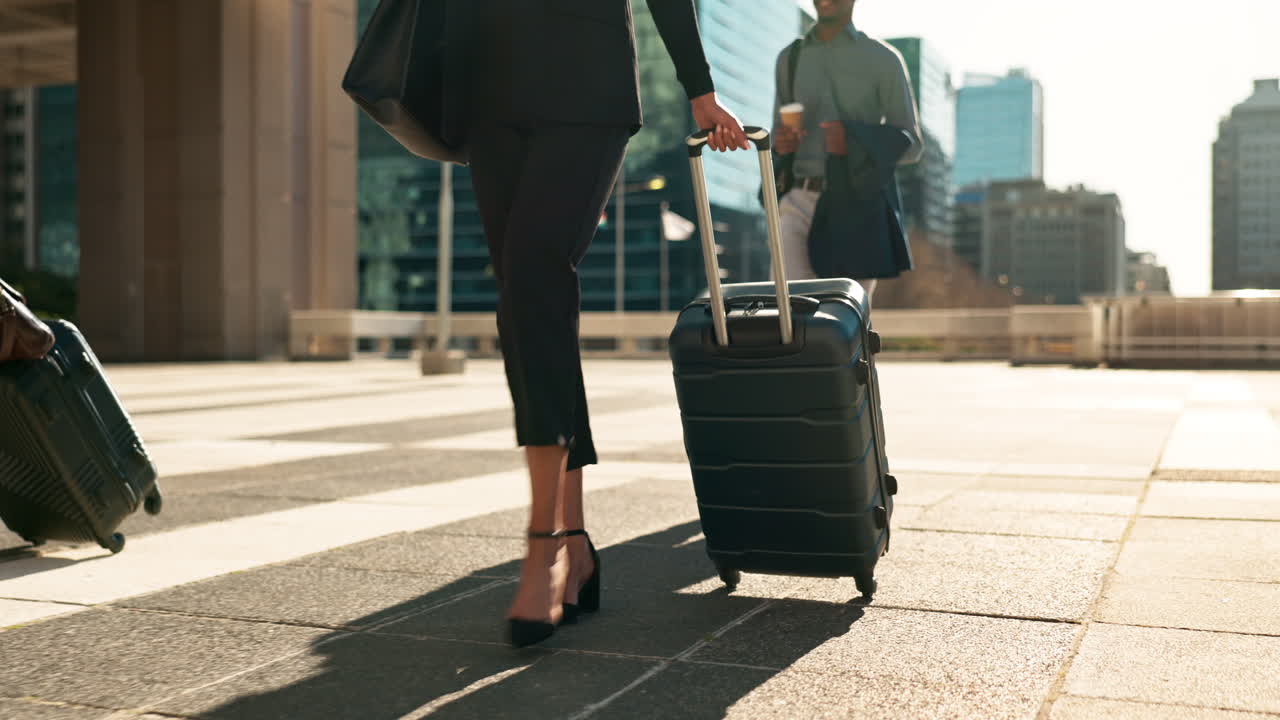 Man, woman and travel with work for corporate