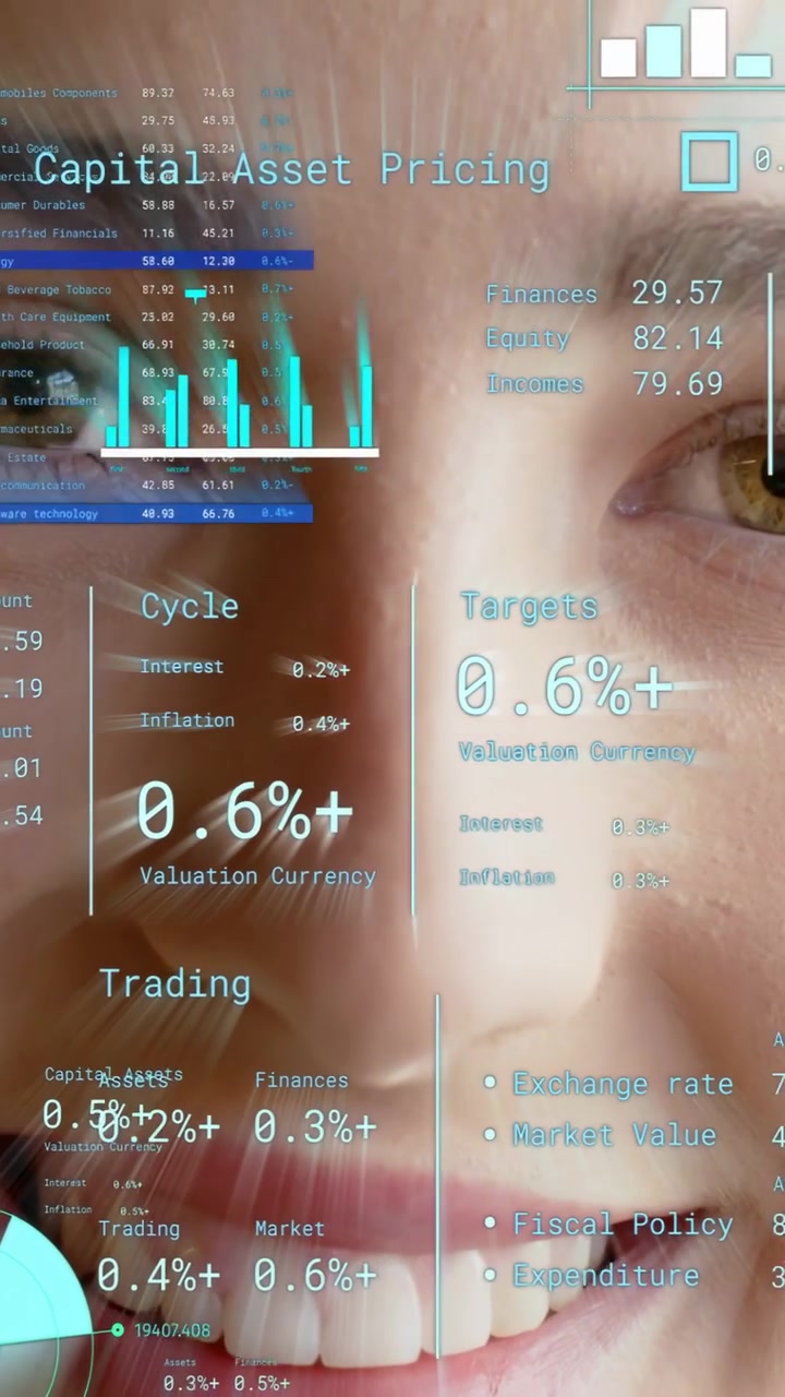 Vertical video: Woman opening eyes and scanning AR finance overlay, charts updating, sparking smile