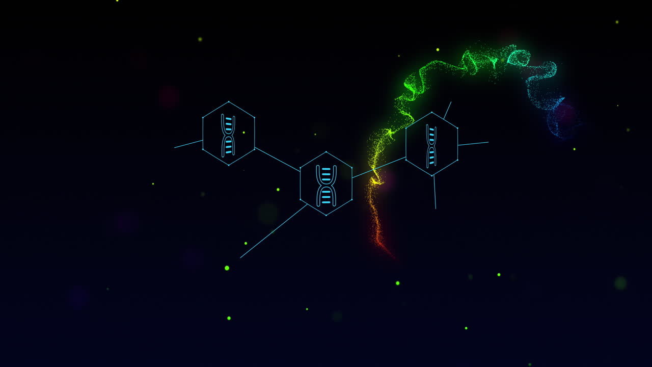 Animation of rainbow flares and medical icons and data processing on black background