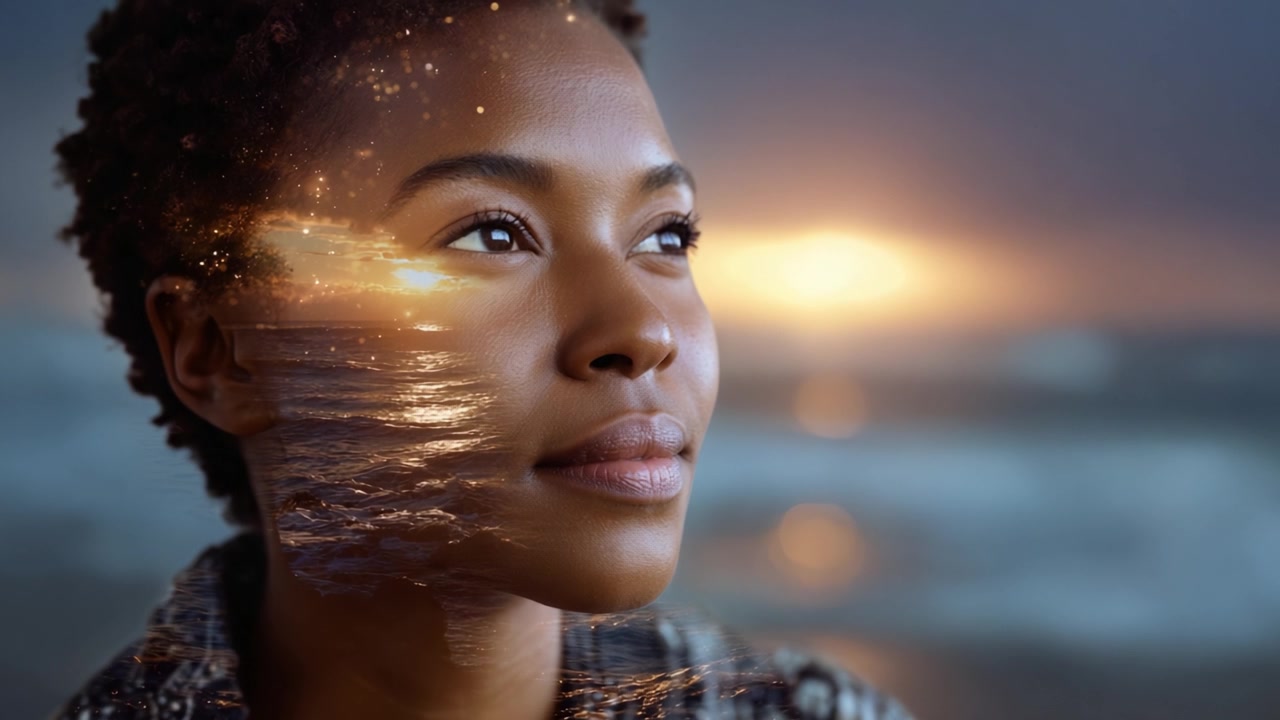A Serene Gaze: An Ethereal Portrait Blending Human Emotion with Oceanic Beauty at Sunset, Capturing Inner Peace and Tranquility Through Stunning Visuals.