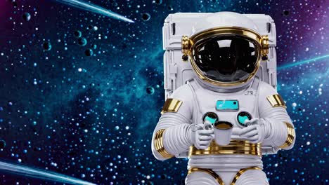 astronaut wearing a spacesuit with golden details is floating in space, playing with a video game controller against a backdrop of stars, nebulae, and shooting stars