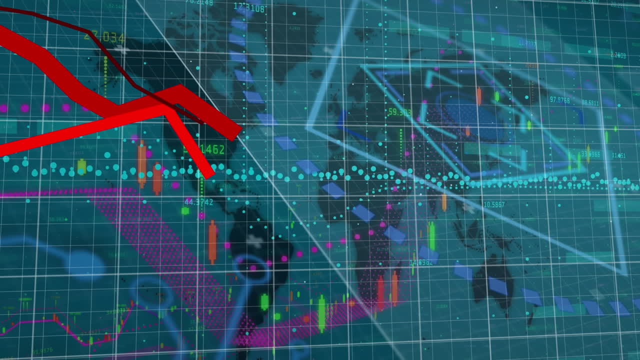 animación de líneas rojas y procesamiento de datos sobre el mapa y la cuadrícula del mundo