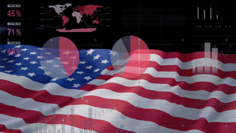 animation of financial data processing over flag of united states of america