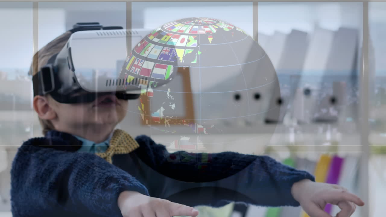 usando auriculares de realidad virtual, niño explorando el globo digital con banderas sobre el aula