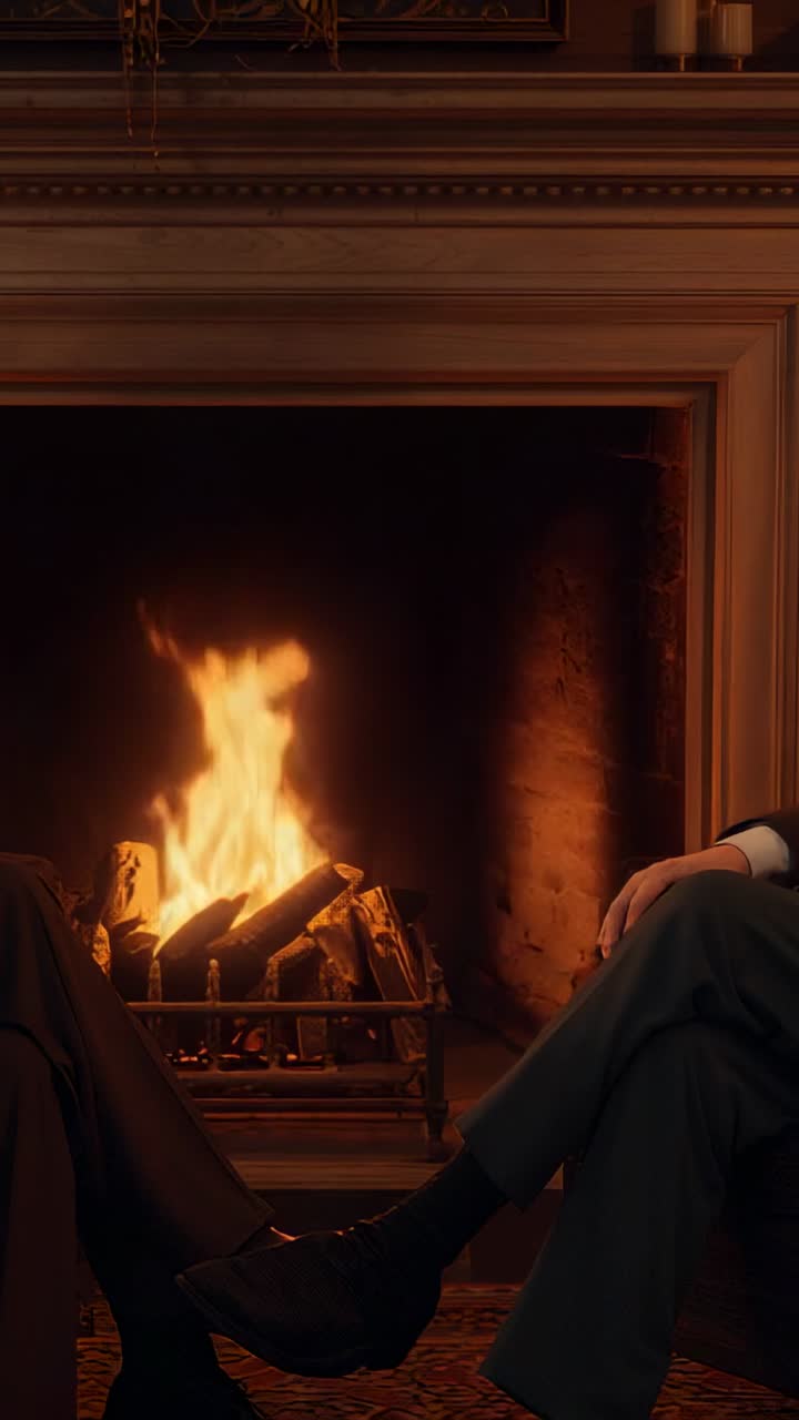 Vertical video: Flames dancing inside carved mantel fireplace at home, with seated man shifting