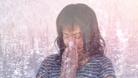 animation of woman blowing her nose against winter scenery