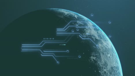 animation of illuminated circuit board pattern over globe against space in background