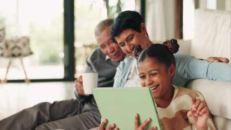 Tablet,-grandparents-and-funny-girl-in-home-living