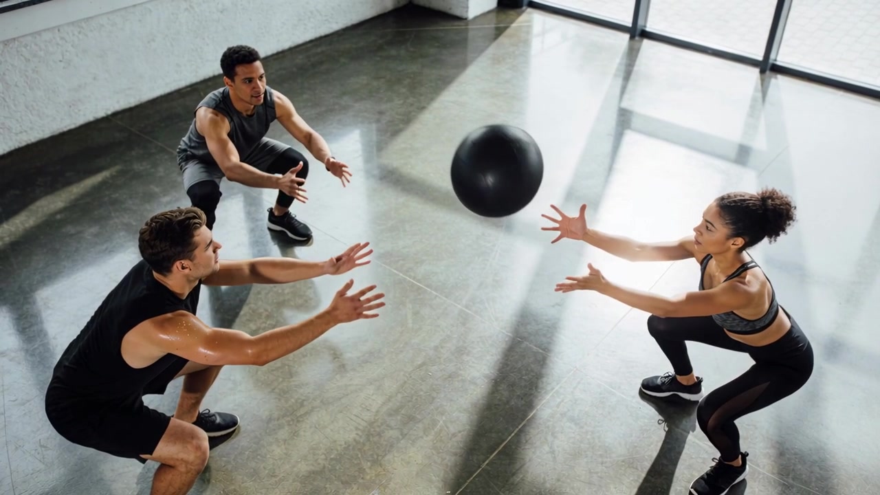 Passing black med ball, left man starting drill, 3 partners holding squats in studio, wearing gear