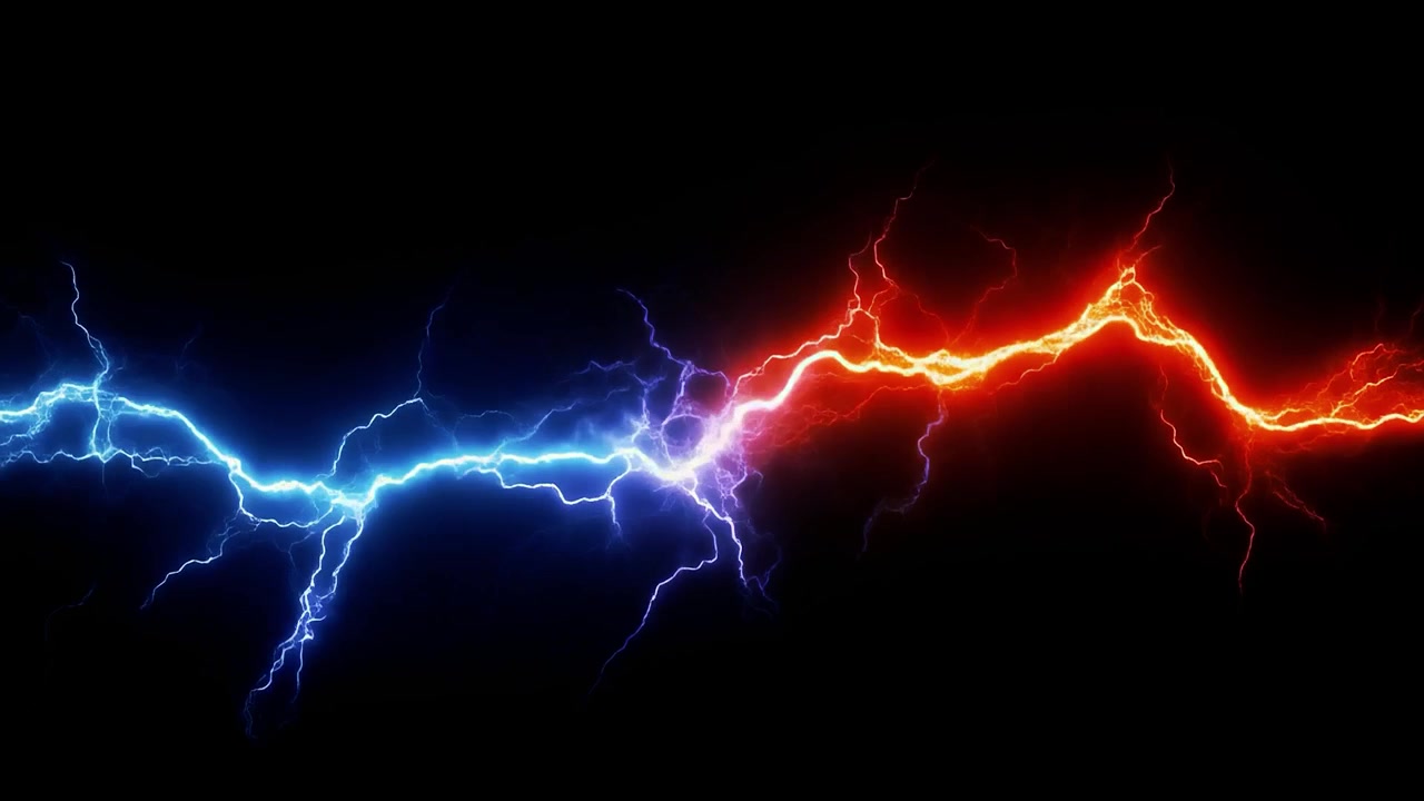 Blue and Red Lightning Bolts Colliding Against Black Background