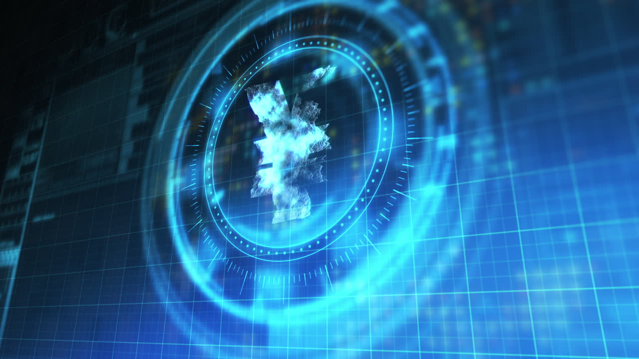 파란색과 검은색 디지털 공간 위에 회전하는 엔을 가진 처리 원의 애니메이션