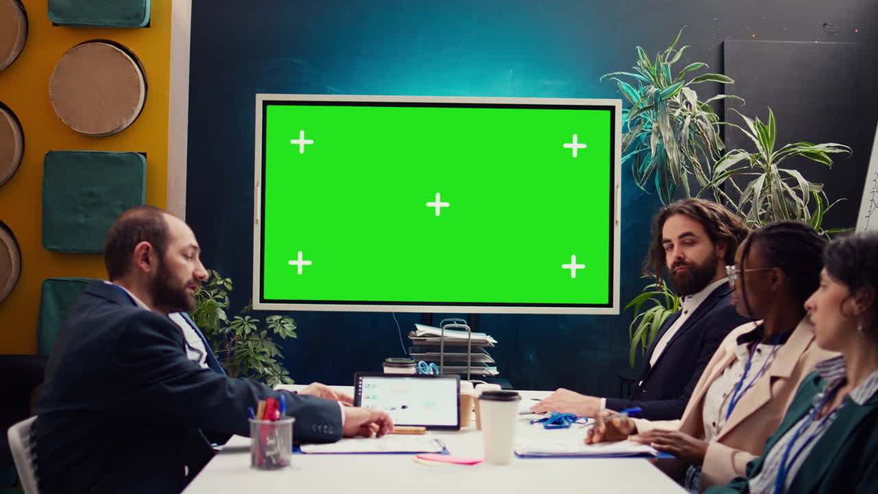 reunión del equipo de marketing en una sala de juntas con pantalla de tv aislada