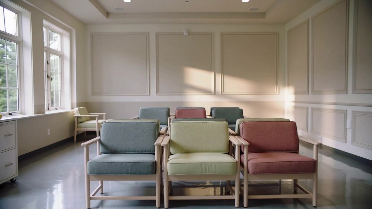 Pulling back camera revealing six cushioned wooden armchairs in communal room, with rolling cart
