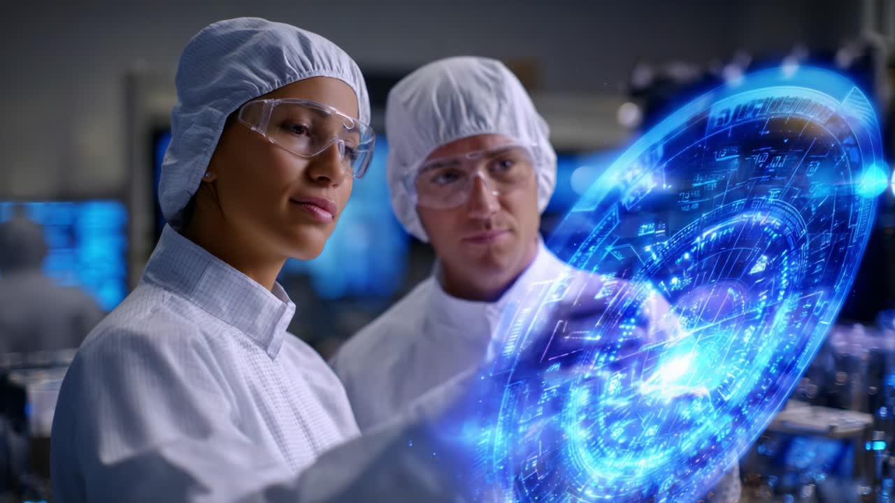 In a high-tech laboratory setting, two scientists dressed in white lab coats and protective gear observe and interact with a futuristic holographic display, showcasing advanced technology and innovation in their research