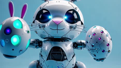 robotic easter bunny with glowing eggs