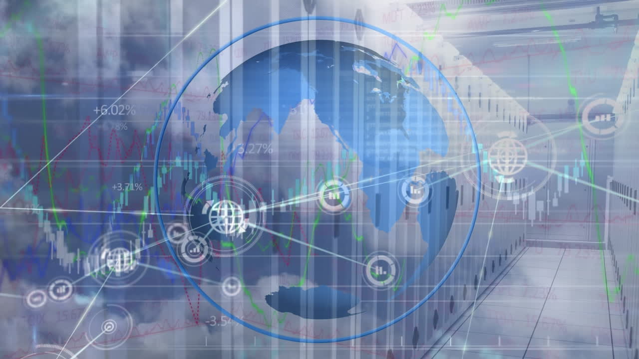 연결 네트워크, 다양한 금융 데이터, 그래프 및 글로벌 오버 서버의 애니메이션
