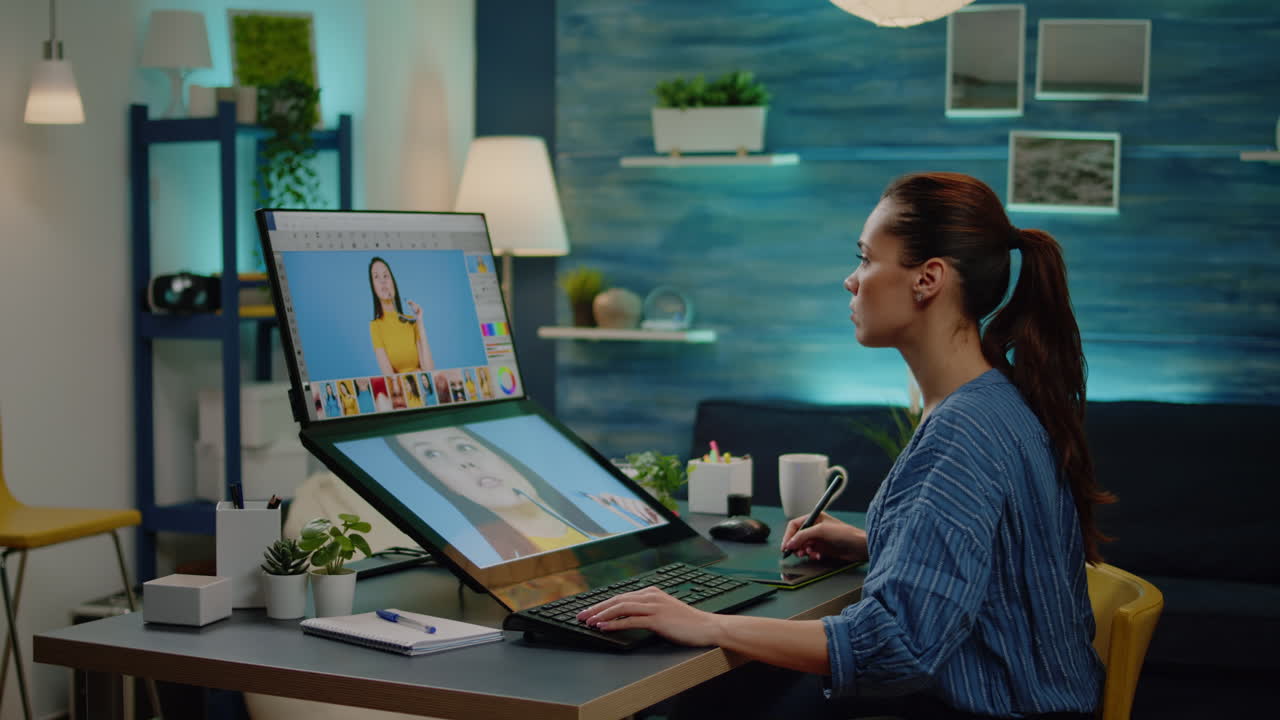 Retouch artist using editing software for pictures at studio