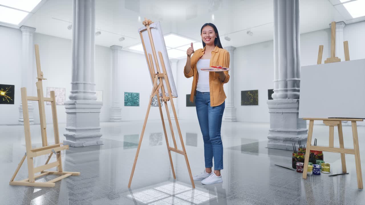 미술관 에서 페인팅 팔레트 를 선보이는 여성 예술가