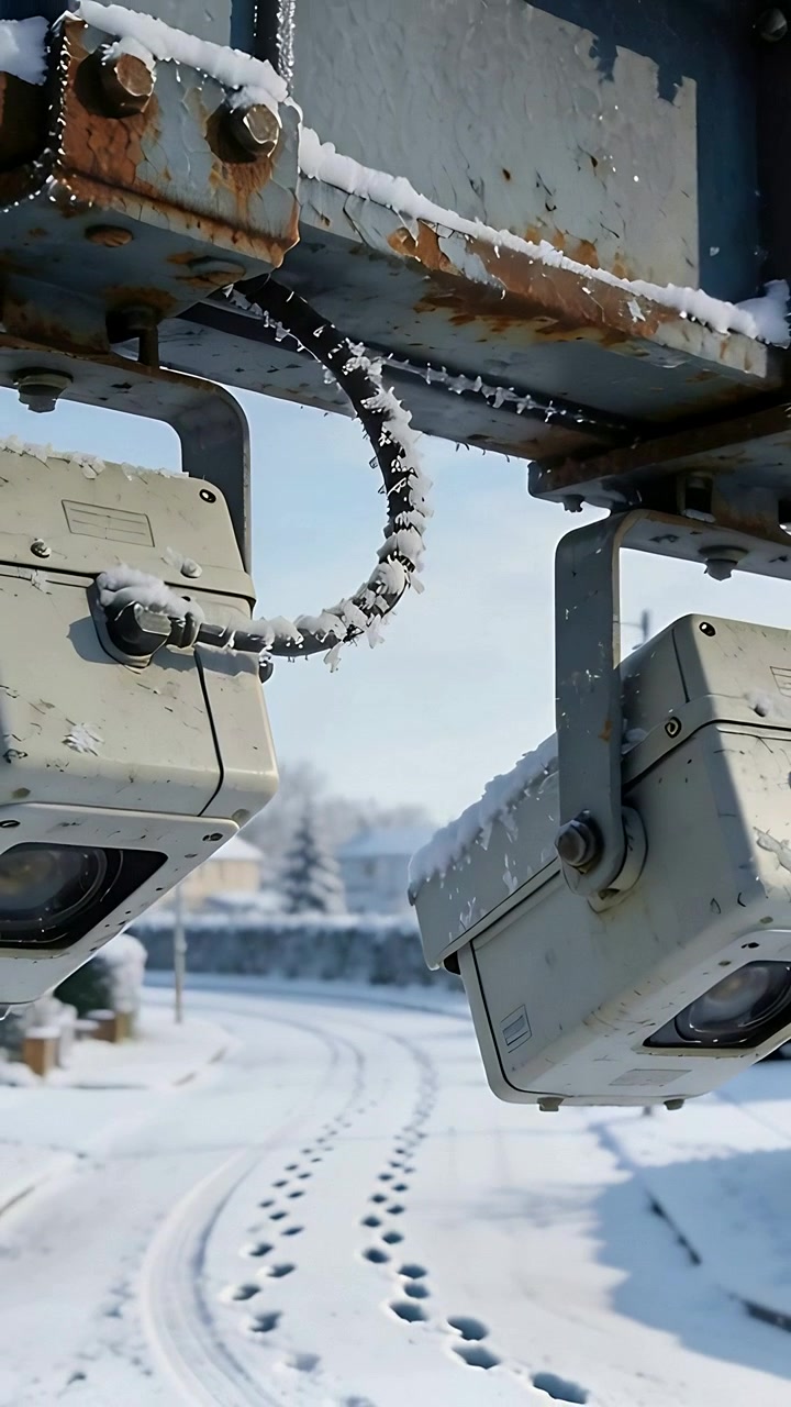 Video verticale: Leggera panoramica che sposta telecamere montate che osservano una strada innevata, mostrando brina, condotto