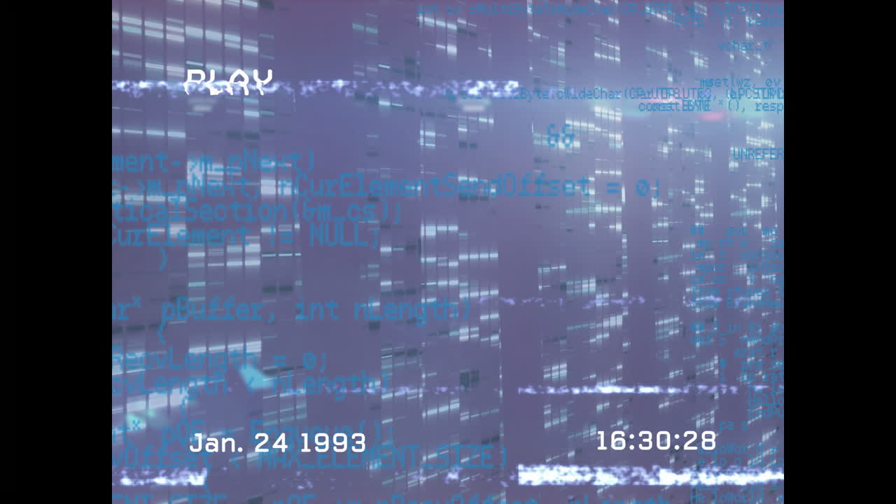 Animation of digital code and glitch effects overlaying timestamped video screen