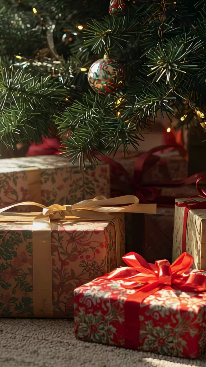 Vertical video: Shifting lower boughs, bauble and gifts moving on carpet at home from fairy lights