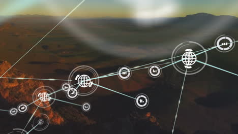 animation of network of connections with icons over landscape