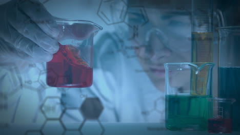 Animation-of-chemical-formula-over-biracial-female-scientist-holding-beakers-with-colourful-liquid