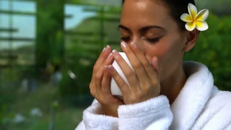hermosa morena en bata de baño bebiendo té de hierbas en el spa
