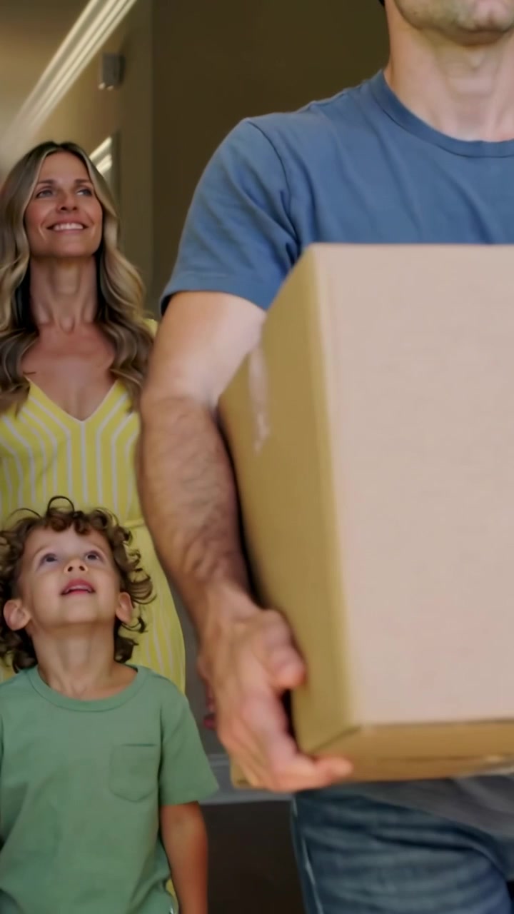 Vertical video: Opening front door, blue tee man carrying box into home, woman in yellow following
