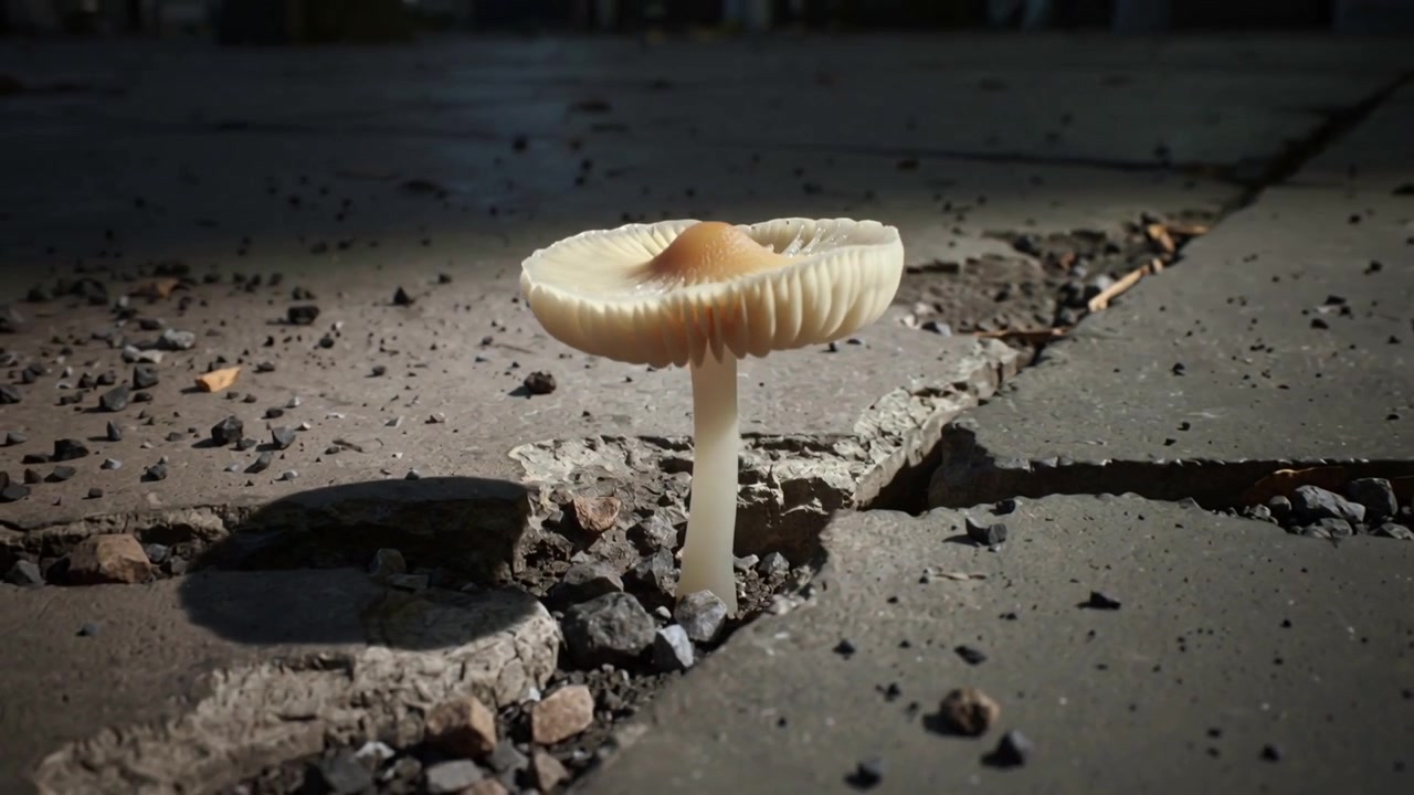 Pulling back camera revealing small beige-tan mushroom in cracked pavement, exposing gills