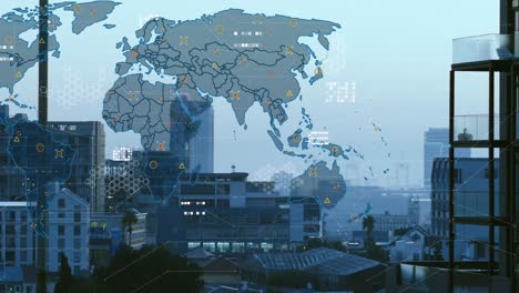 animación del procesamiento de datos sobre el mapa del mundo contra la vista aérea del paisaje urbano.