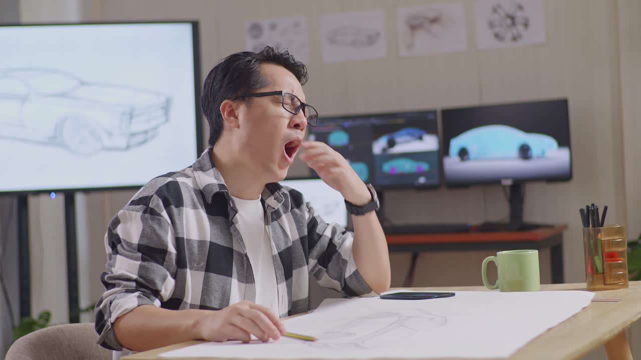 아시안 남성이 자동차 디자인 스케치를 작업하는 동안 고 잠을 자고있는 측면 뷰 tv와 컴퓨터 디스플레이 3d 전기 자동차 모델