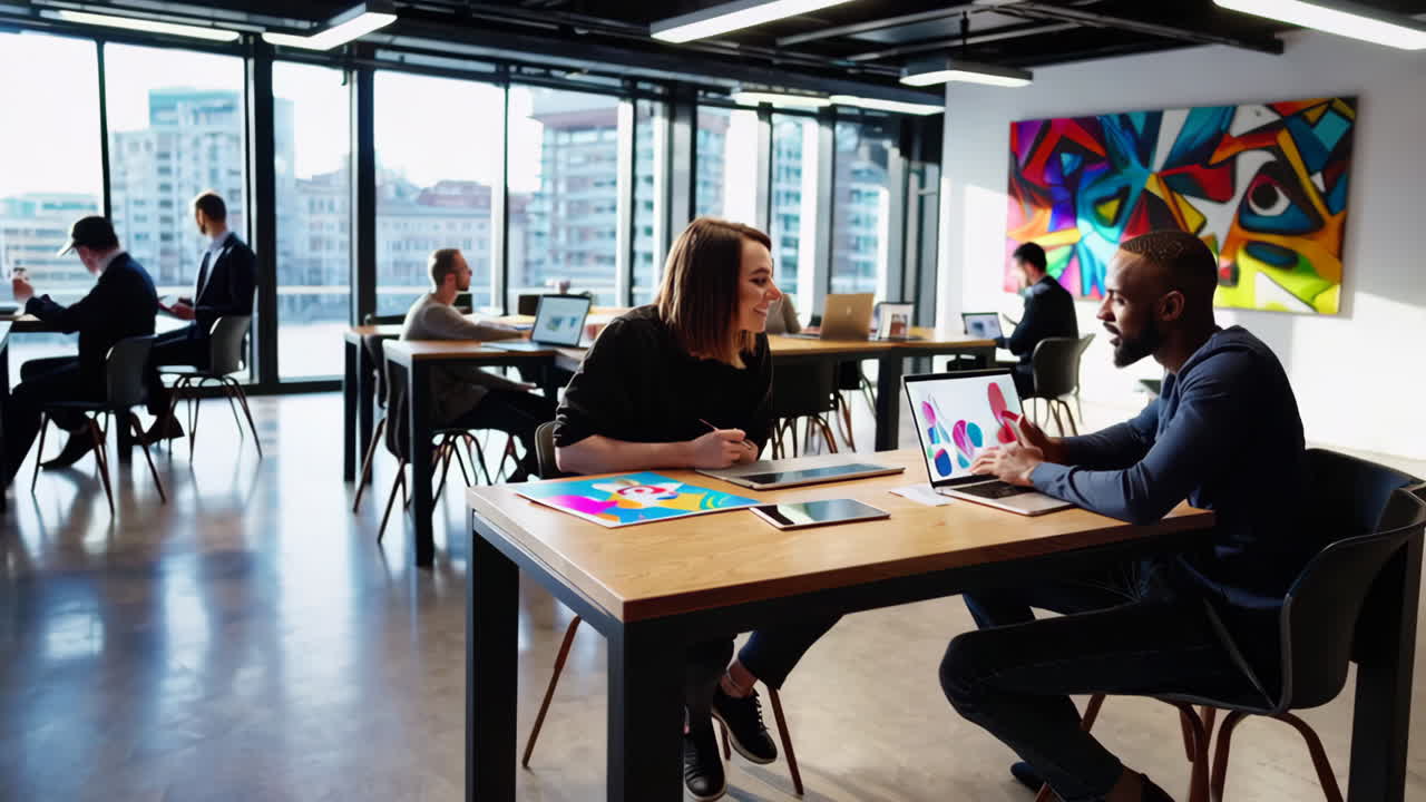 Professionals Collaborating in a Modern Co-working Office Space