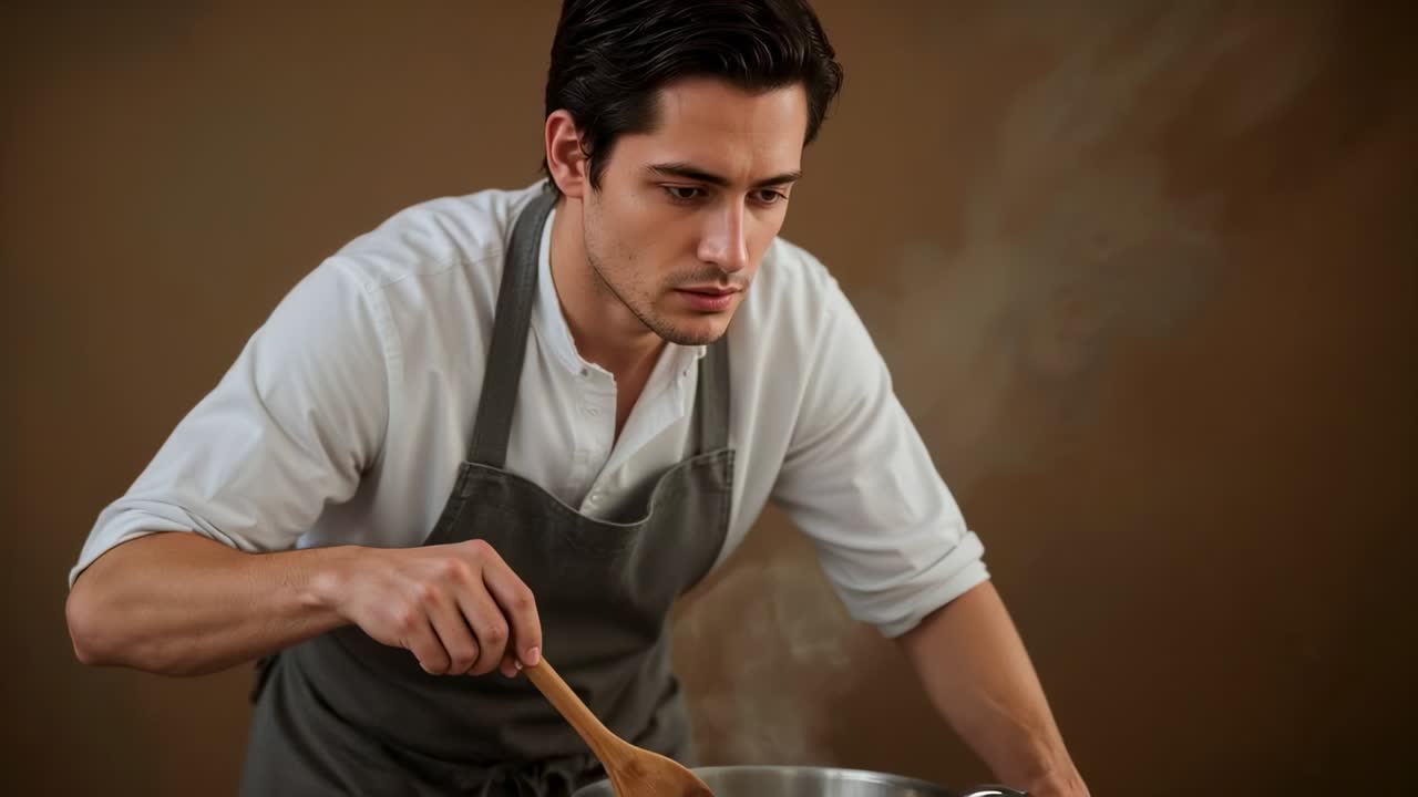 Cuoco che mescola in grembiule grigio, mentre si china su una pentola sul fuoco in cucina per preparare il pasto con un cucchiaio di legno