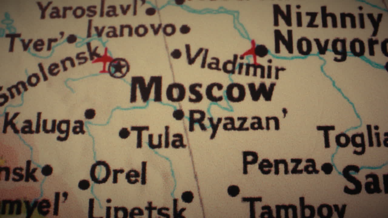 Close-up view of a map showing Moscow and other cities in Western Russia