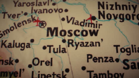 close-up view of a map showing moscow and other cities in western russia