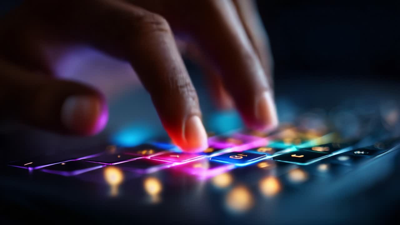 Illuminated Touch: A Close-Up View of Fingers Interacting with a High-Tech Keyboard Featuring Colorful Backlighting in a Dimly Lit Environment