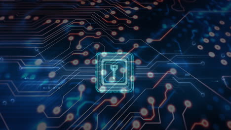 animación de una placa de circuitos informáticos con procesamiento de datos y candado