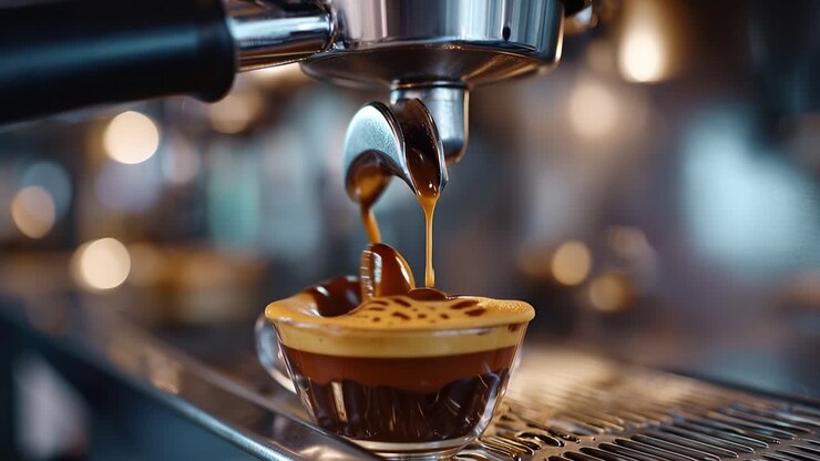 Rich espresso pours into a glass cup. Steamy machine drips with golden liquid. Warm background bokeh enhances focus. Smooth motion captures coffee's essence. Ideal for cafes, brand imagery