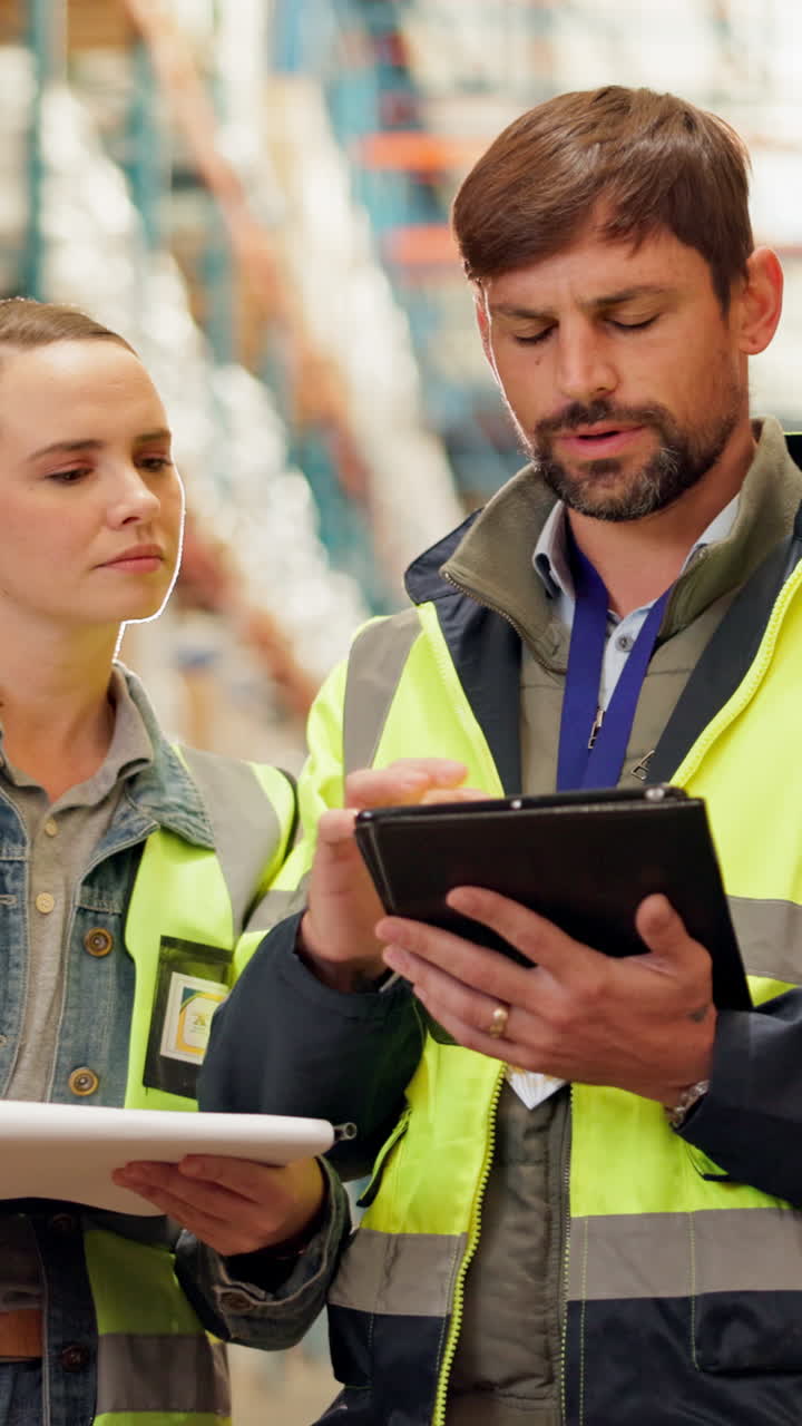 trabajadores del almacén discutiendo el inventario
