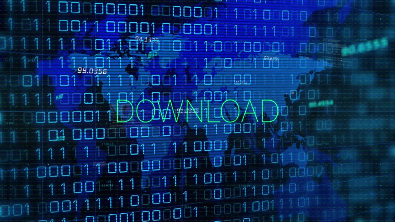 Animation of download text in green over world map and binary data processing, on black