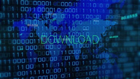 animación del texto de descarga en verde sobre el mapa del mundo y el procesamiento de datos binarios, en negro