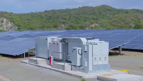 aerial orbit around generator at large solar park renewable energy production