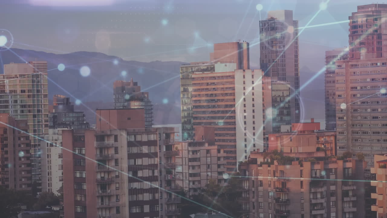 animación de la red de conexiones contra la vista aérea del paisaje urbano