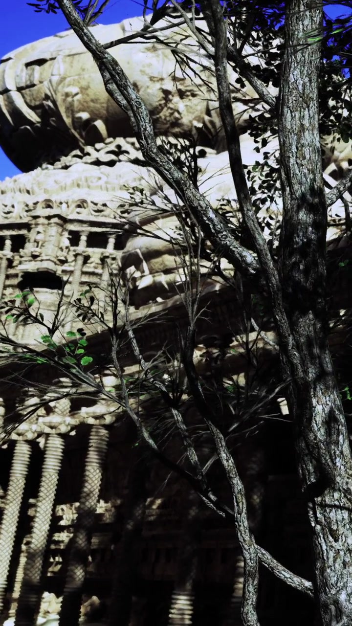 Explorando antiguas ruinas de templos bajo un cielo azul y árboles altos.