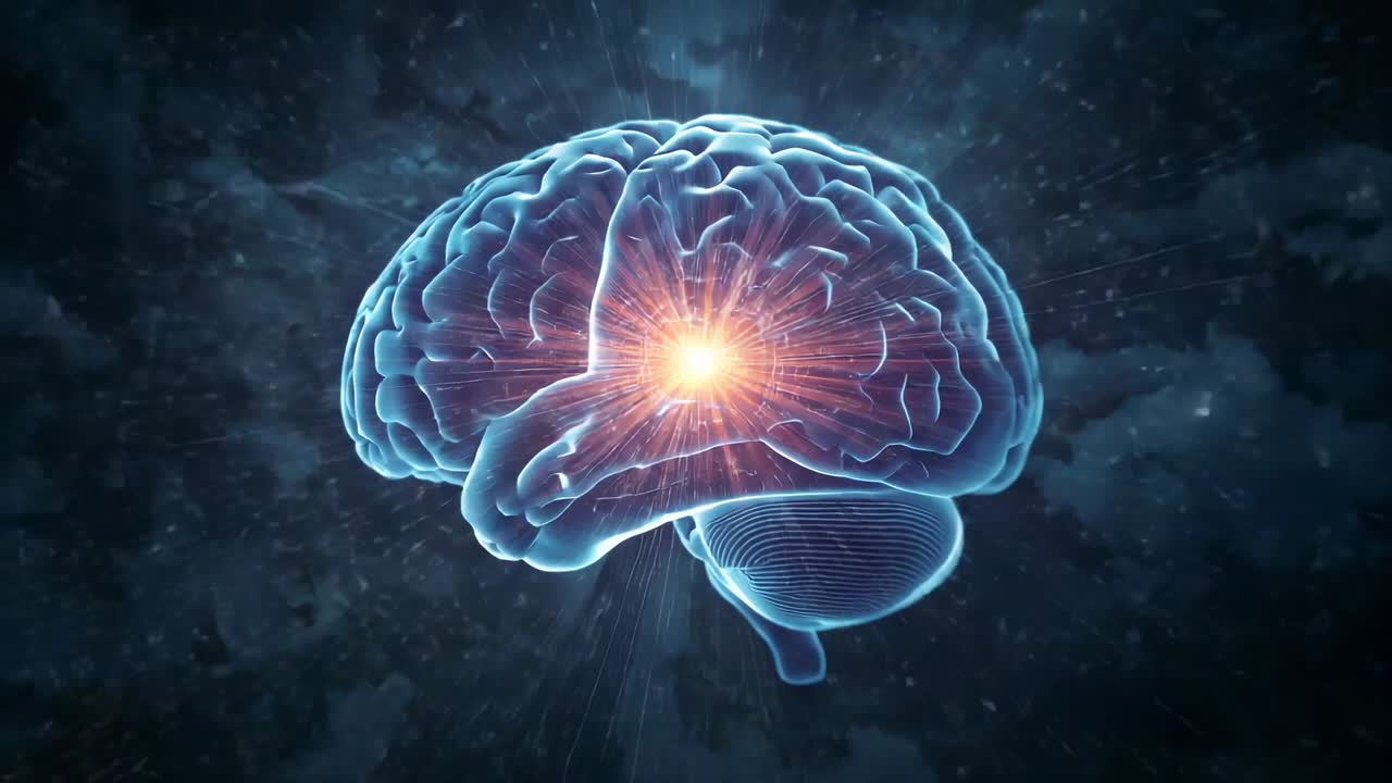 Central neural hub brightening driving holographic brain model rotating in cosmic void, with sparks