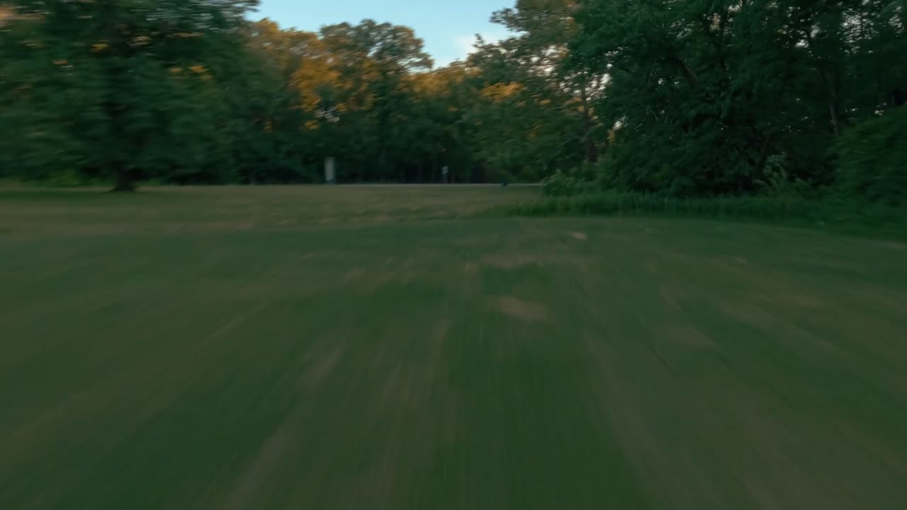 vuelo de drones de alta velocidad a través de exuberantes árboles y césped verde seguido de un ascenso vertical a una vista panorámica impresionante sobre un bosque al atardecer