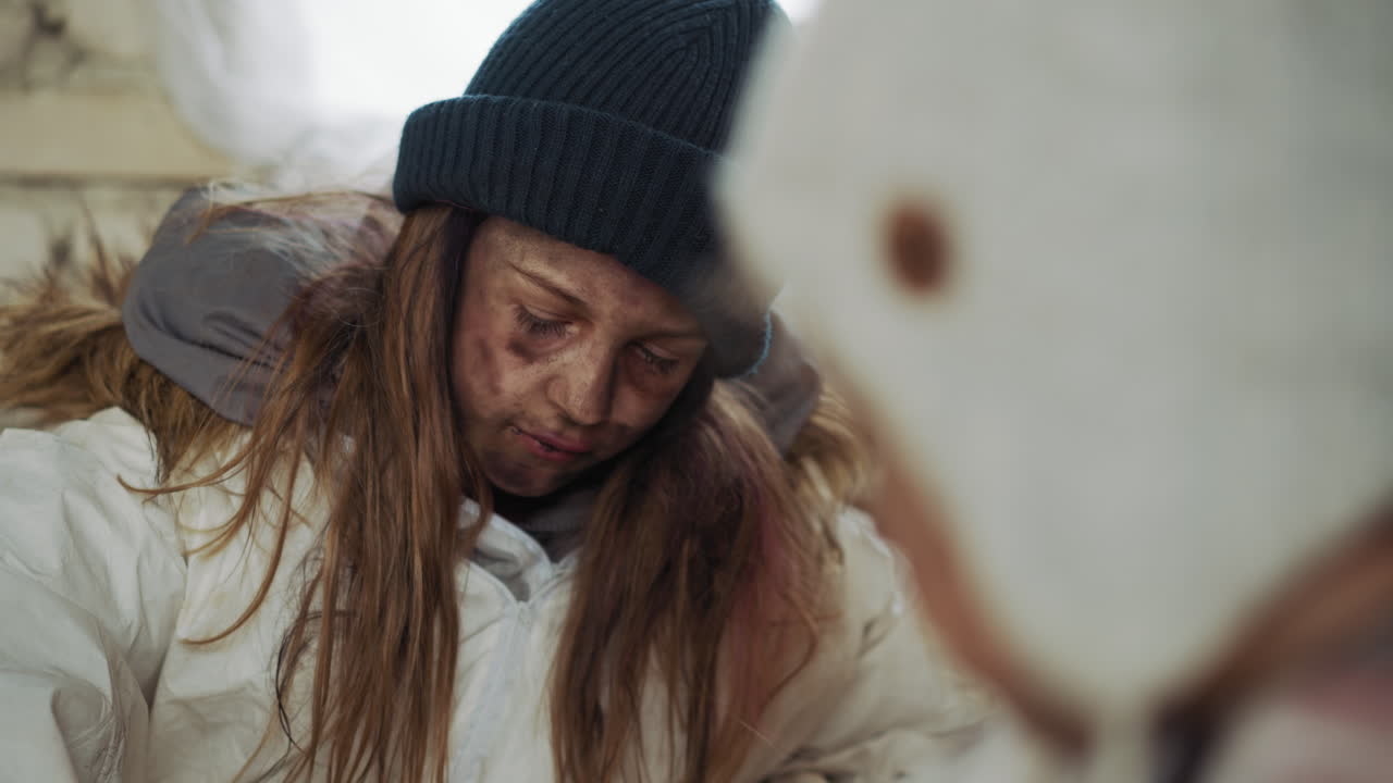 Close up of young girl with dirty face and long hair wearing white winter jacket and blue knit cap, focused downward while playing with unseen object, blurred figure visible in foreground